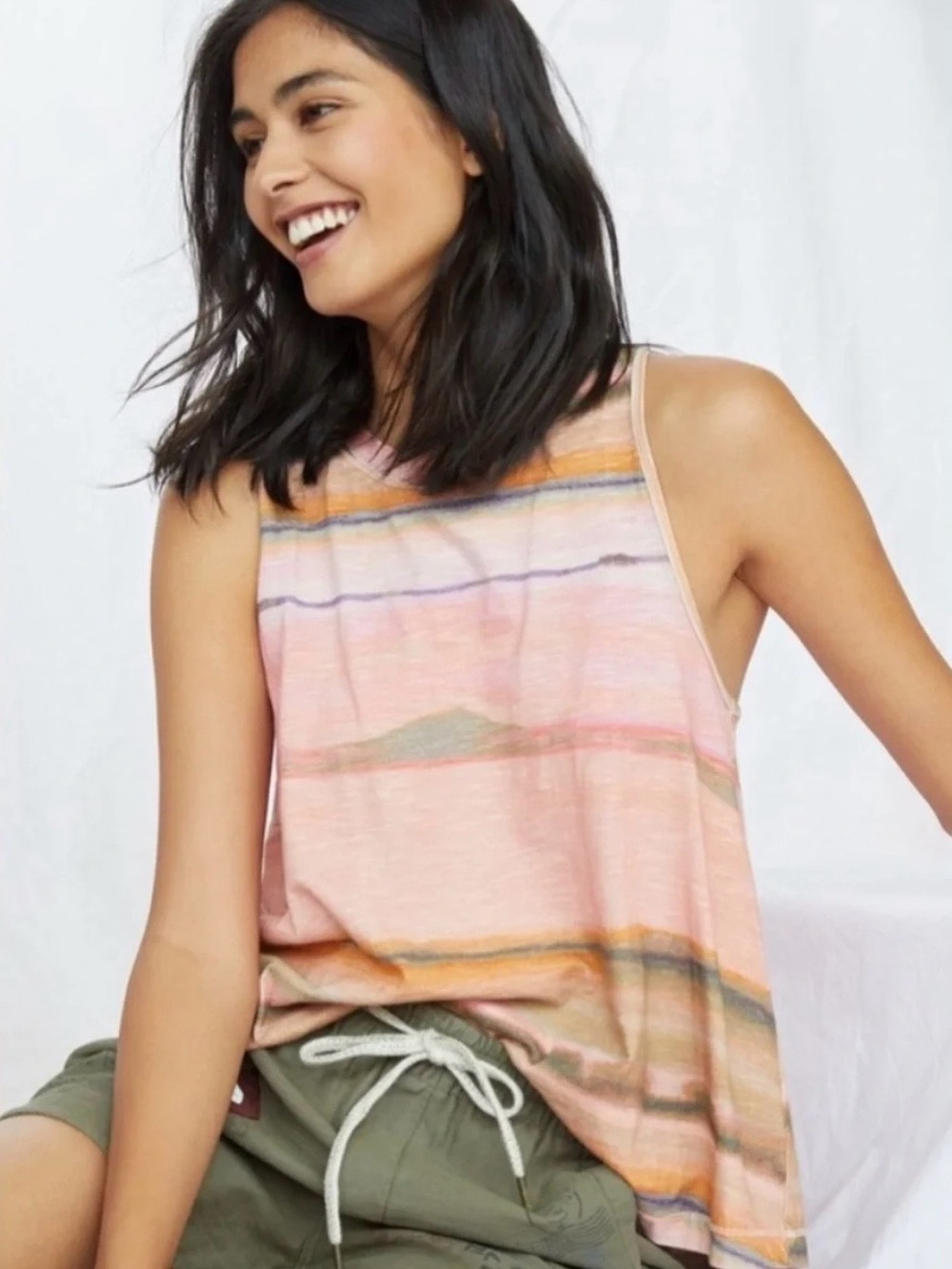 Anthropologie Pilcro Twist Back Tank Top Orange Motif Pink Striped S Cotton